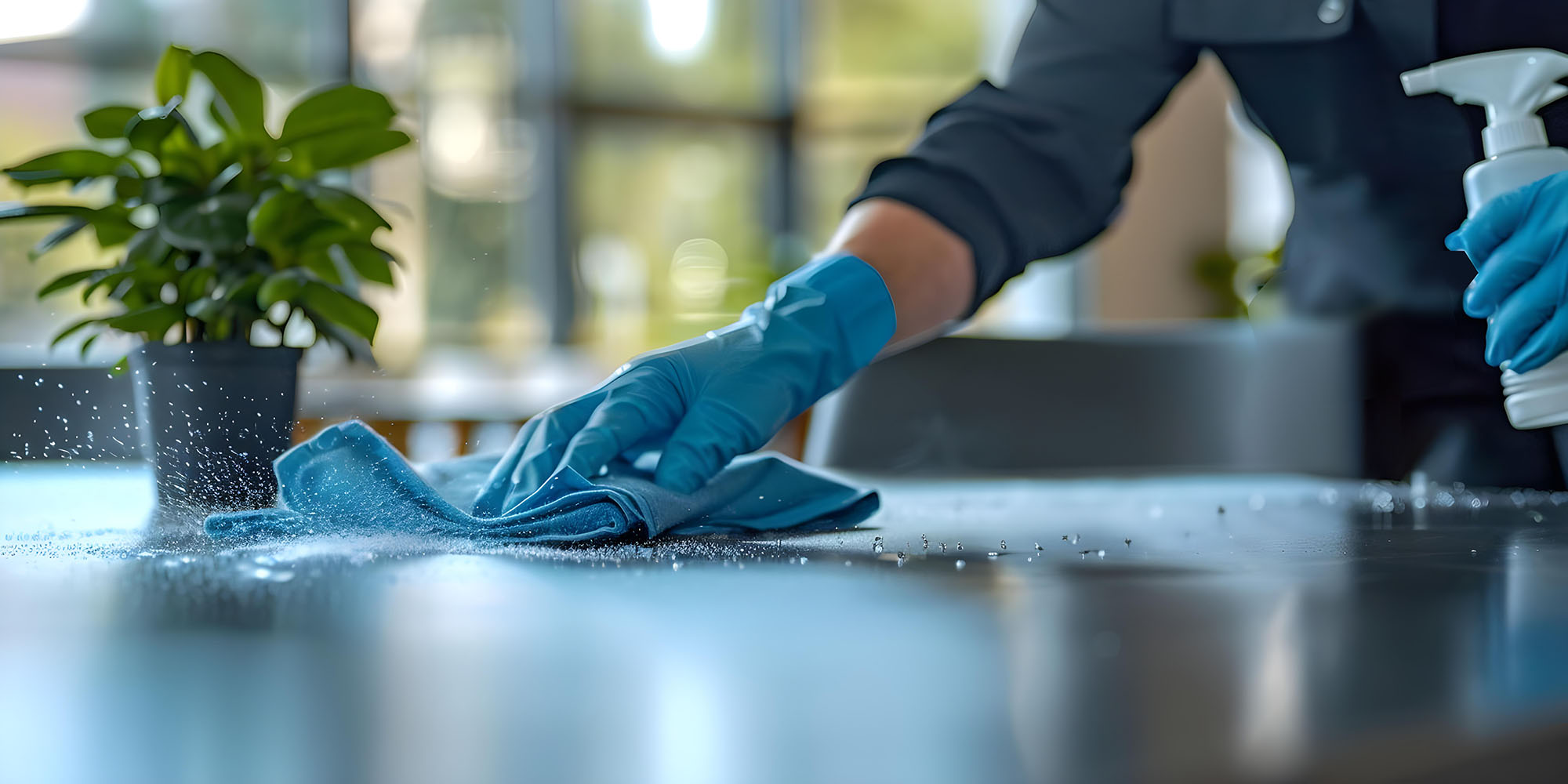 Cleaning staff disinfecting tables in a corporate office with a